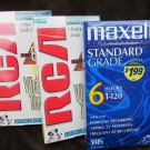 3 sealed blank VHS cassette tapes 2 RCA 1 Maxwll all 6 hour T-120 new 3 sealed blank VHS cassette tapes 2 RCA 1 Maxwll all 6 hour T-120 new