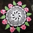 Doily hand crocheted white with pink roses green leaf border 12 1/2" diameter Doily hand crocheted white with pink roses green leaf border 12 1/2" diameter