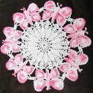 Doily hand crocheted white with pink butterflies border 10" diameter