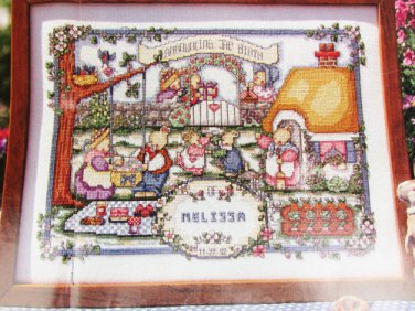 Cottage Christening cross stitch pattern bunnies birth sampler