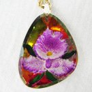 Germany pendant glass embedded purple orchid flower 24" chain necklace marked