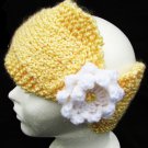 Headband yellow hand knitted side white flower 21 x 4.5 inches knobby yarn Headband yellow hand knitted side white flower 21 x 4.5 inches knobby yarn
