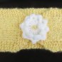 Headband yellow hand knitted side white flower 21 x 4.5 inches knobby yarn