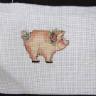 Finished cross stitch small pig with flowers jar top or greeting card insert Finished cross stitch small pig with flowers jar top or greeting card insert