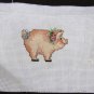 Finished cross stitch small pig with flowers jar top or greeting card insert