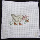 Finished cross stitch small duck with bow for jar top or greeting card insert