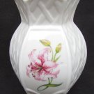Belleek Stargazer Pink Lily small vase blue logo 4 1/2" lattice design