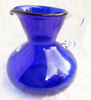 Wanda Poland blue cobalt large pitcher 7" with sticker applied glass handle