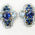 Blue & clear rhinestones vintage clip earrings silvertone 1 3/8" pronged