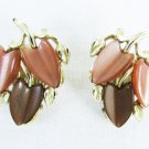 Clip earrings mauve brown thermoset plastic moonstone leaves gold tone