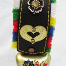 Vintage Swiss Austrian brass cow bell leather strap fringe flower design 4 1/2"