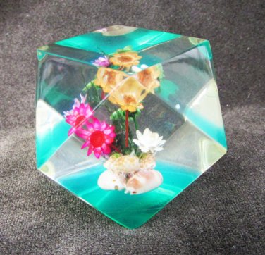 Lucite geometric cube paperweight dry flowers shells green tint paper weight