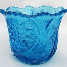 Yutec Kemple blue glass open sugar bowl candle holder fan star sawtooth edge