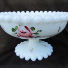 White milk glass hand painted roses pedestal bowl candlewick edges Consolidated Glass