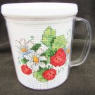 Finished Cross stitch mug strawberry & daisy white cup