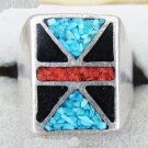 Man's sterling ring size 8 1/2 turquoise coral onyx rectangular front