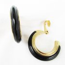 Sarah Coventry black lucite on gold tone metal hoop earrings clip on 1 1/8" Sarah Coventry black lucite on gold tone metal hoop earrings clip on 1 1/8"