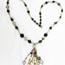 Black glass & aurora borealis crystal bead necklace with tassel 24" gold tone spacers