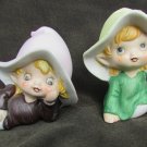 HOMCO pixie fairy figurine shelf sitters set of two brown green tunics HOMCO pixie fairy figurine shelf sitters set of two brown green tunics