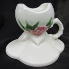 Hull woodland ivory candlestick holder with side handle & pink flower