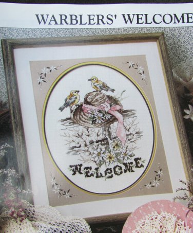 Stoney Creek cross stitch pattern Warblers' Welcome birds on hat fence