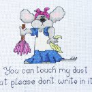 Completed cross stitch mouse cleaning touch my dust on white Aida