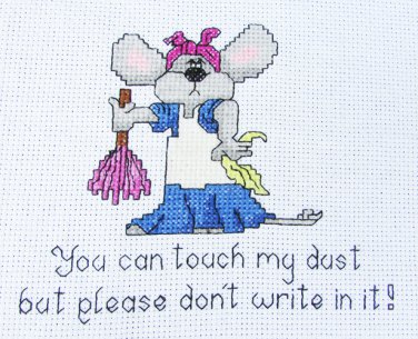 Completed cross stitch mouse cleaning touch my dust on white Aida