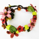 Leather flowers & wood beads vintage bracelet 7" unusual