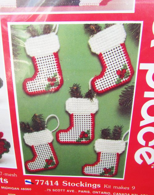 Mary Maxim plastic needlepoint kit Christmas stockings sealed