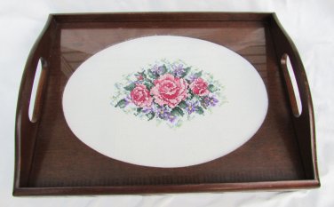 Cross stitch serving vanity tray wood completed cross stitch flowers under glass