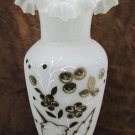 White opaque class vase hand blown & painted flowers ruffled top 10.5" Bristol