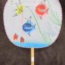 Silk screen fan colorful fish bamboo handle vintage Japan