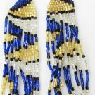 Boho native style earrings seed beads dangle fringe dark blue & gold