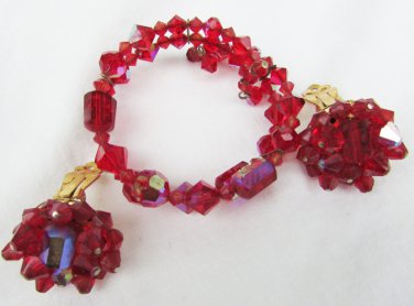 Aurora Borealis red ruby glass bead 2 wire wrap bracelet & clip earrings vintage jewelry