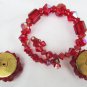 Aurora Borealis red ruby glass bead 2 wire wrap bracelet & clip earrings vintage jewelry