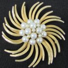 BSK starburst flower pin central faux pearls goldtone brooch vintage piece