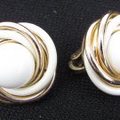Trifari earrings clip white center bead with gold & white swirls around it
