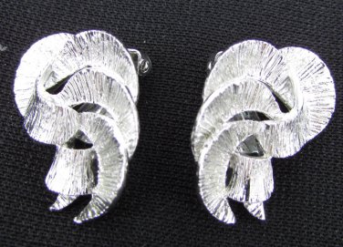 BSK silver tone clip earrings tooled semi circles vintage jewelry