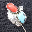 Sterling stick pin jewerly coral & turquoise stones leaf design southwest style