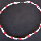 Trifari necklace double white beads with red spacers 24"