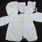 Vintage Cradle Knit baby set sweater booties hat blue acrylic Japan white trim