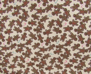 Miniature gingerbread & candy cane fabric cotton by the yard tan background