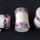 3 celluloid barrel shape shank buttons silver red trim vintage 3/4" long