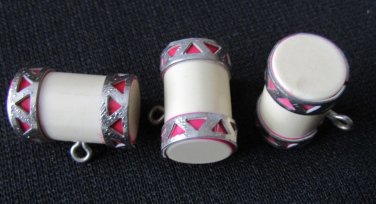 3 celluloid barrel shape shank buttons silver red trim vintage 3/4" long