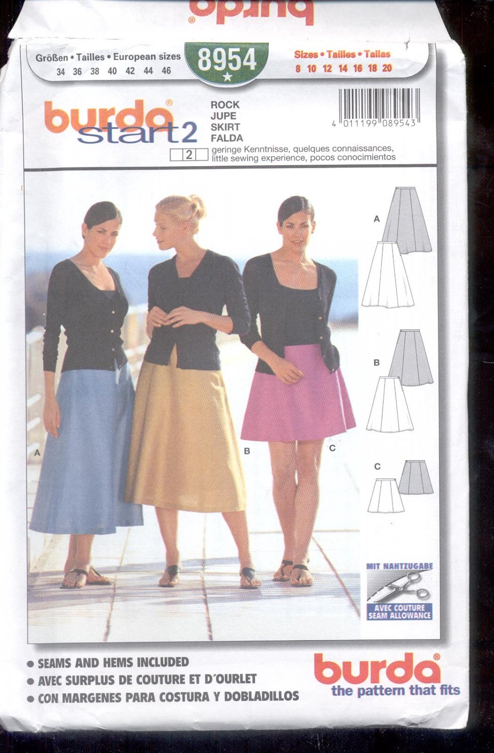 Burda pattern 8954 skirt 3 lengths size 8- 20- uncut
