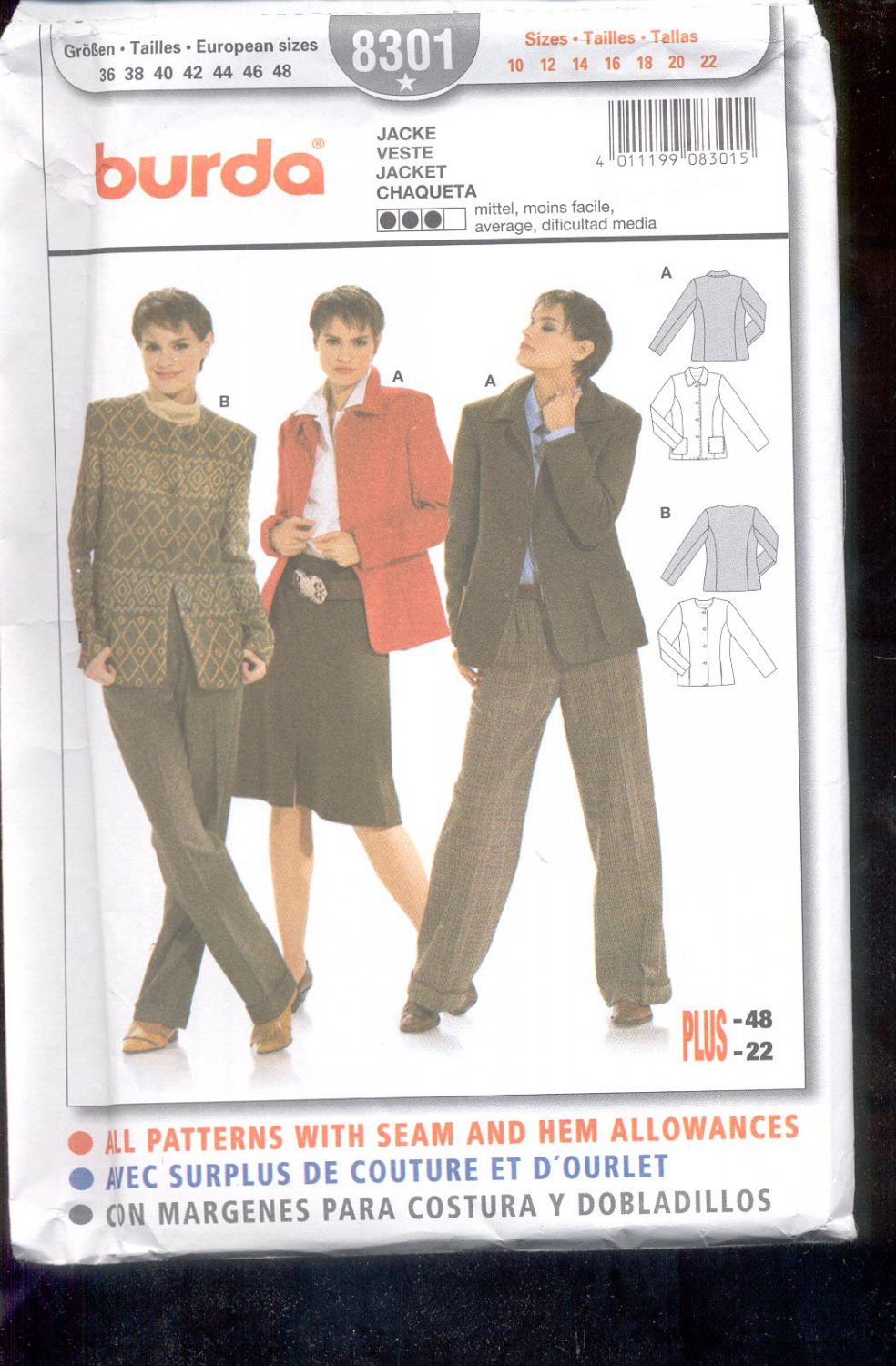 Burda pattern 8301- Jacket Sizes 10-22 uncut