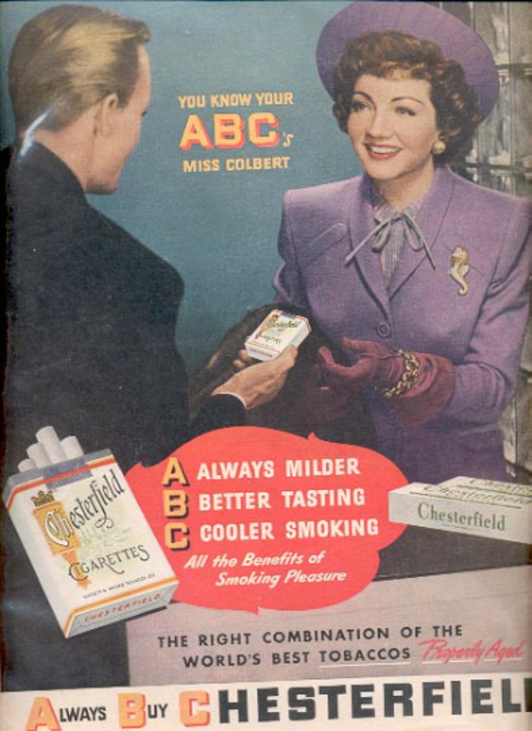 1946 Chesterfield Cigarettes with Claudette Colbert. magazine ad (# 4468)