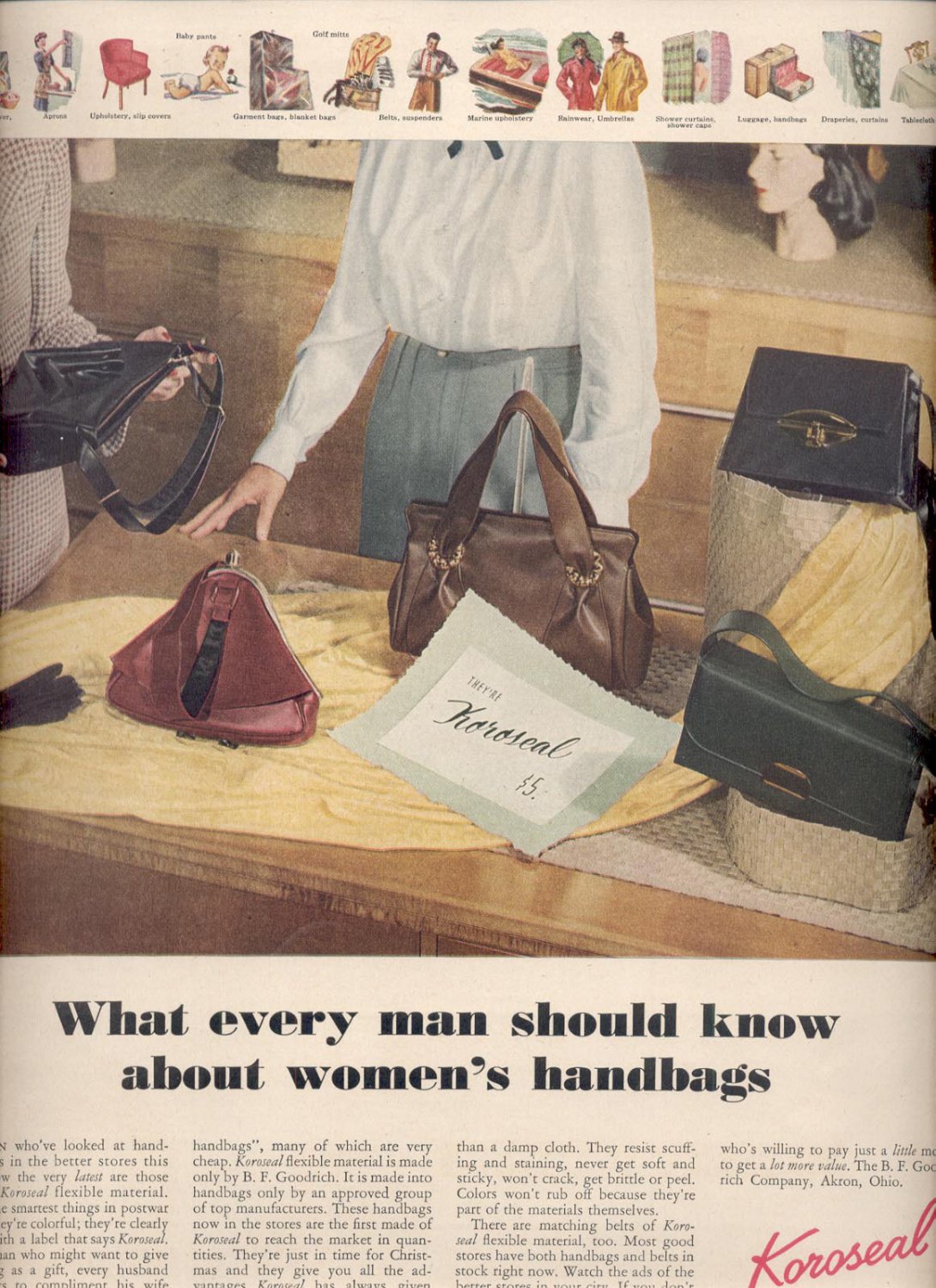 Dec. 8,1947 Koroseal by B. F. Goodrich handbags magazine ad (#6362)