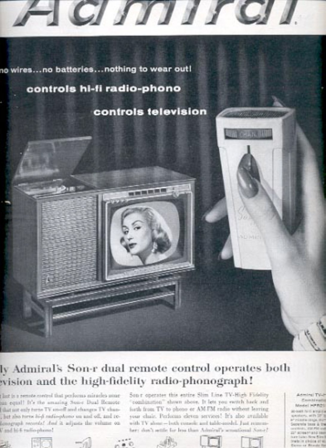 1957  Admiral's  Son-r Dual remote control   magazine  ad (# 4778)