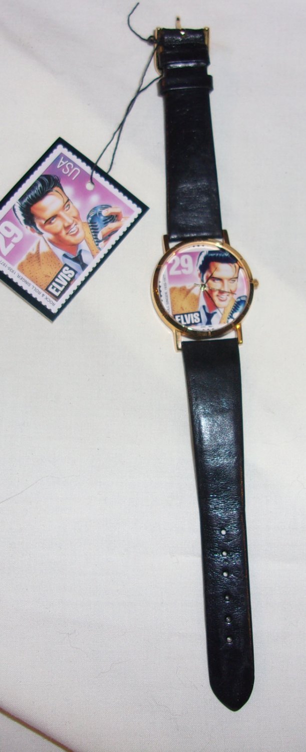 Elvis 1992 stamp watch with stamp round dial unisex . Leather band